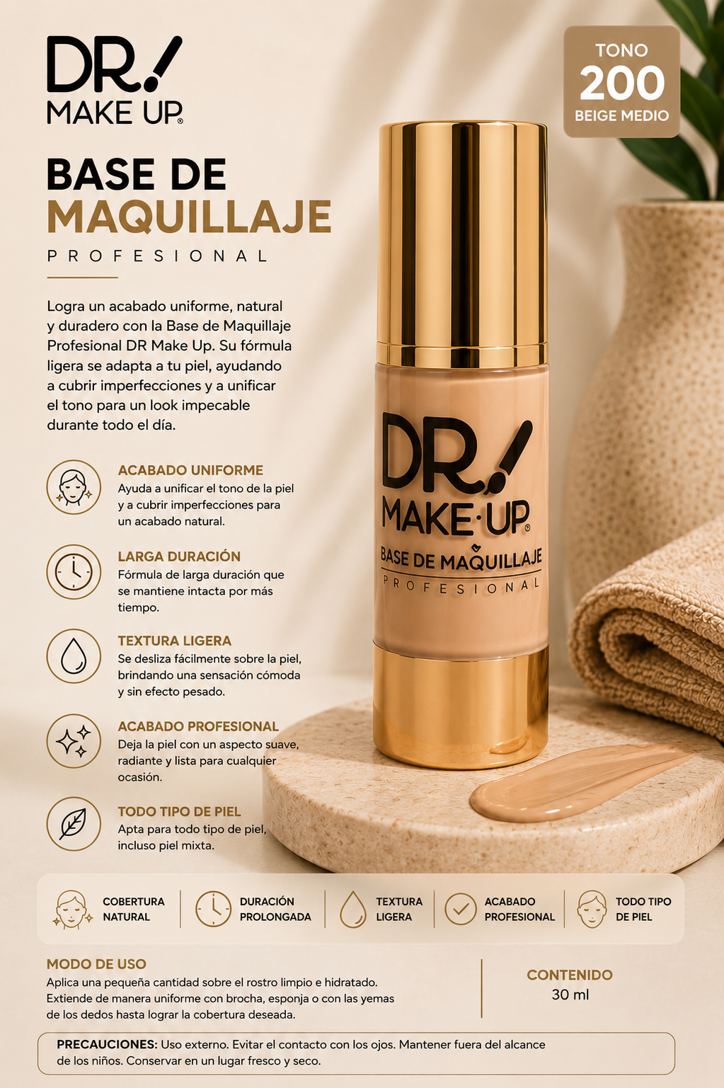Base de Maquillaje Profesional TONO 200 DR MAKE UP