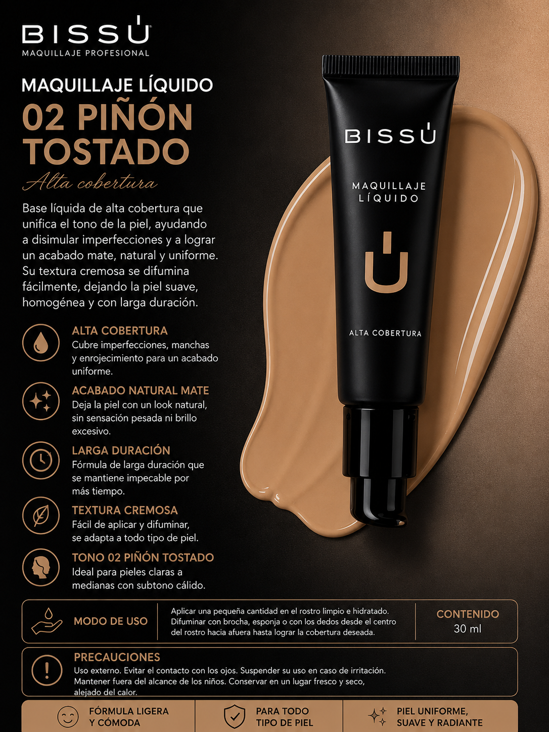 Maquillaje Líquido Bissú Tono 02 Piñón Tostado