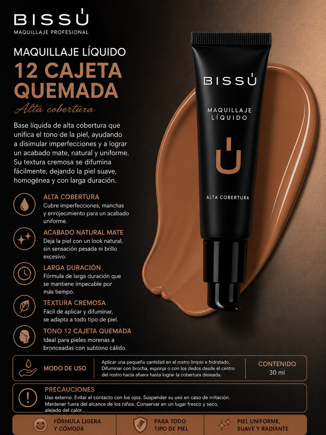 Maquillaje Líquido Bissú Tono 12 Cajeta Quemada